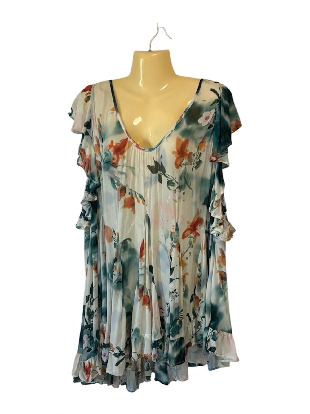 Anthropologie Pastel Floral Watercolor Blouse Tunic Bohemian Fairy Teal Coral M